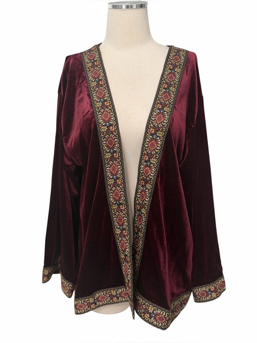 Rusttydustty Boho Embroidered Trim Velvet Open-Front Kimono - Burgundy Sz S SML - Picture 7 of 7